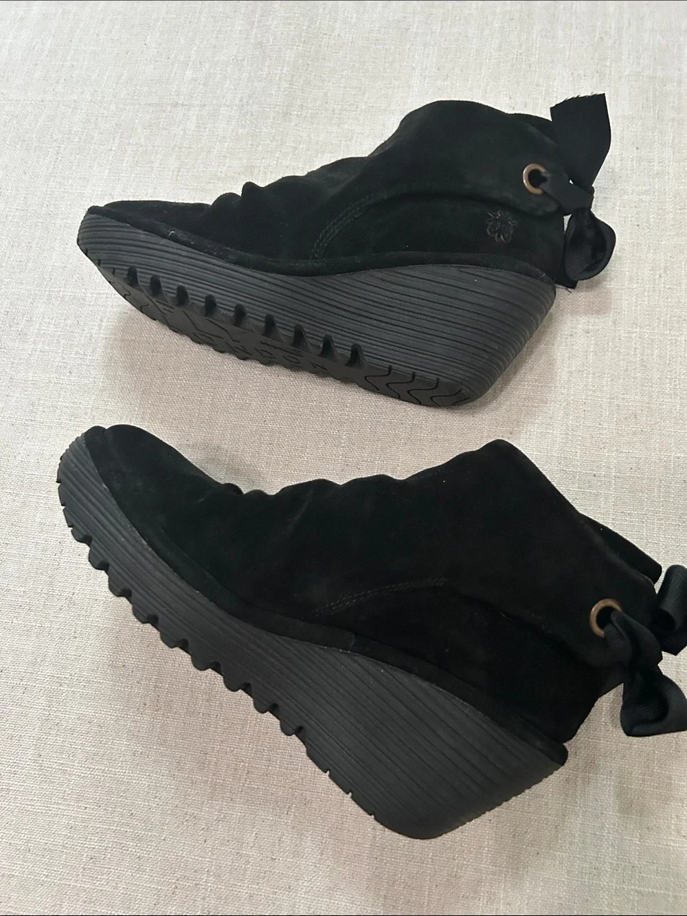 Fly London Yebi Ankle Boot Black Suede Slouchy Gothic Grunge Wedge Size 36